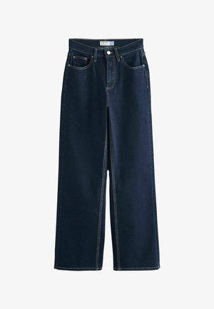 Granatowe dżinsy o szerokich nogawkach z przednimi kieszeniami, szlufkami na pasek, zapięciem na guzik i widocznymi przeszyciami na białym tle.