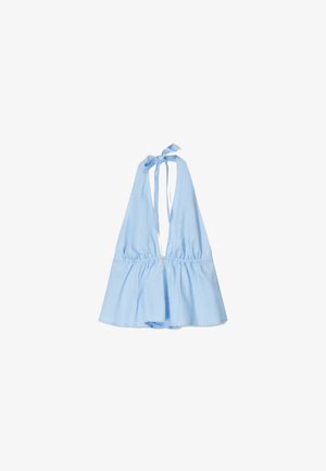 Haut halter bleu clair avec une taille élastique froncée et un ourlet évasé. Fabriqué en tissu doux et léger. Liens sécurisés au cou.