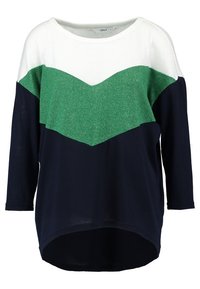 Sweter z białą górną częścią, zielonym teksturowanym wzorem w zygzak oraz granatową dolną częścią; luźny krój z okrągłym dołem.