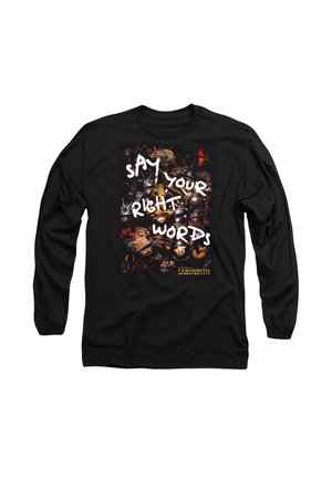 Black long-sleeve shirt featuring a fantasy-themed graphic with the phrase "SAY YOUR RIGHT WORDS" in bold white text, surrounded by intricate imagery.
