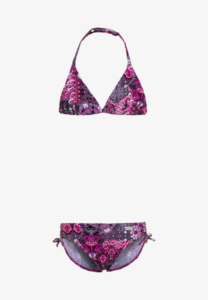 Kolmio-bikiniyläosa ja -alaosa, joissa on kirkkaat pinkki- ja purppurakuviot. Mallissa on soljet sivuilla ja kaulan taakse menevä malli.
