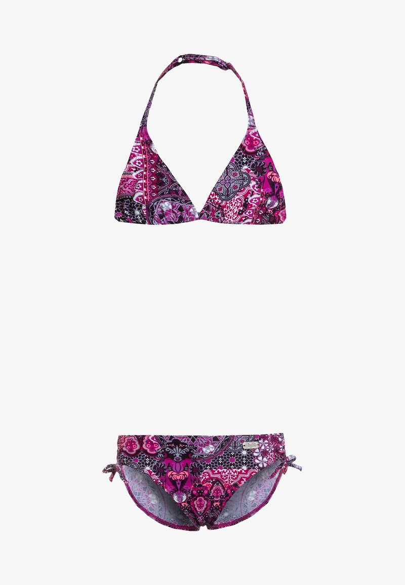 Triangular bikini top in vivid pink and purple patterns, with side ties and a halter neck design, complemented by matching bikini bottoms.