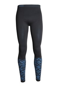 Svarta leggings med ett blått geometriskt mönster på underbenen. Tillverkade av ett mjukt, stretchigt tyg och med en helsvart midja.