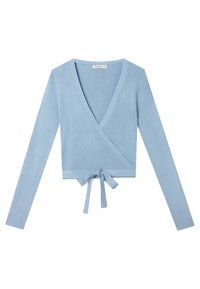 Hellblaues, geripptes Wickeloberteil mit langen Ärmeln, V-Ausschnitt und einer Bindeschließe in der Taille. Glatte Textur, taillierte Passform.