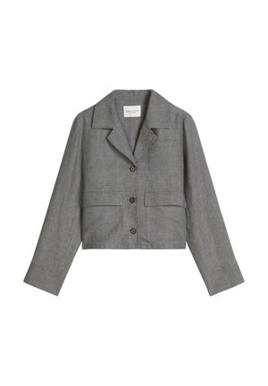 Grijs kort jasje met lange mouwen, een kraag met inkeping, knopen aan de voorkant en drie klepzakken, gemaakt van lichtgewicht stof.