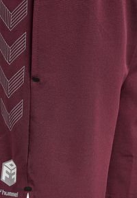 Bordeauxfarbene Sportshorts mit glatter Textur, seitlichen Schlitzen und einem kontrastierenden grauen Chevron-Muster entlang der Seite.