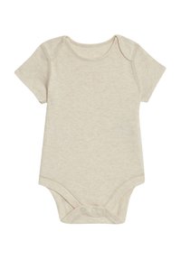 Bodysuit pour bébé à manches courtes en coton beige clair avec une texture douce et une fermeture à boutons-pression en bas. Col rond et ourlet incurvé.