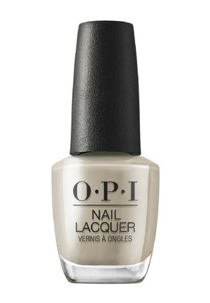 Flacon de vernis à ongles OPI couleur crème avec un bouchon noir texturé et une étiquette claire indiquant « Nail Lacquer Vernis à Ongles ».