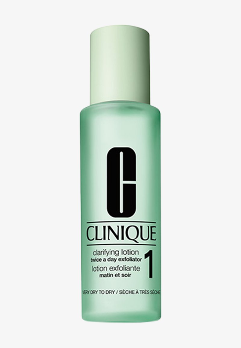 Bouteille en plastique verte de Clinique Clarifying Lotion, dotée d'un capuchon vert clair et de texte noir. Finition légère et brillante avec un design élancé.