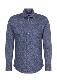 Camicia a maniche lunghe blu navy con stampa floreale, bottoni bianchi, colletto a punta e orlo curvo. Realizzata in tessuto leggero.
