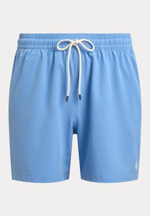 Short de bain bleu clair avec taille élastique et cordon blanc, avec un petit logo blanc sur la partie inférieure de la jambe droite.