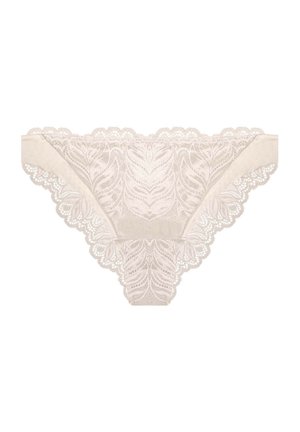 Lace thong in light beige featuring floral pattern and scalloped edges. Soft texture with elastic waistband for comfortable fit.