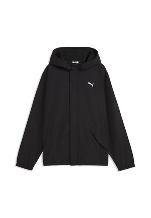 Veste noire à capuche avec poches à l'avant et petit logo blanc Puma sur le côté gauche de la poitrine, présentée sur fond blanc.