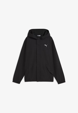 Schwarze Kapuzenjacke mit Fronttaschen und einem kleinen weißen Puma-Logo auf der linken Brustseite, gezeigt vor weißem Hintergrund.