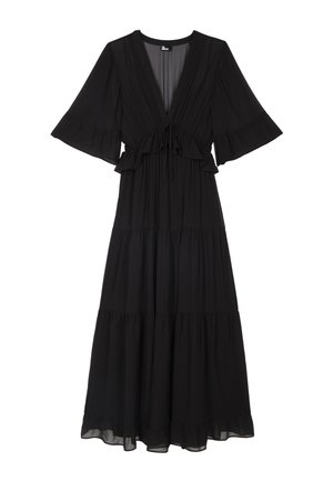 Schwarzes Maxikleid mit tiefem V-Ausschnitt, gestufter Rock, Rüschendetail an der Taille und weiten Ellbogen langen Ärmeln.