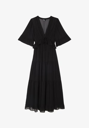 Schwarzes Maxikleid mit tiefem V-Ausschnitt, gestufter Rock, Rüschendetail an der Taille und weiten Ellbogen langen Ärmeln.