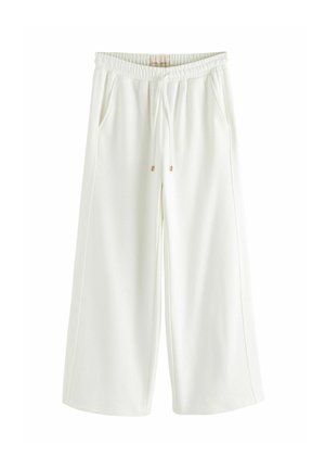 Weiße Hose mit weitem Bein, elastischem Bund und Kordelzug, mit Taschen an den Seiten und einer lockeren, entspannten Passform.
