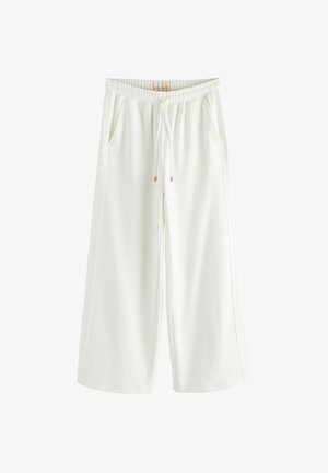 Weiße Hose mit weitem Bein, elastischem Bund und Kordelzug, mit Taschen an den Seiten und einer lockeren, entspannten Passform.