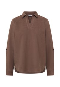 Blouse marron à manches longues avec col en V, col, poignets boutonnés et ourlet arrondi, conçue pour une tenue décontractée ou de bureau.