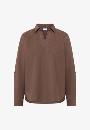 Braune langärmelige Bluse mit V-Ausschnitt, Kragen, geknöpften Manschetten und abgerundetem Saum, entworfen für Freizeit- oder Büroanlässe.