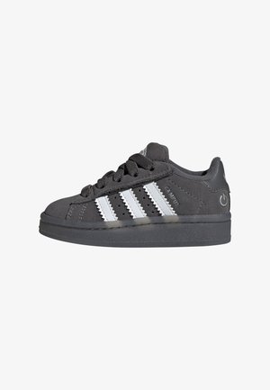 Dark gray Adidas Campus sneaker with white stripes, laces, and a thick rubber sole, shown in side profile.