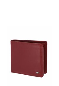 Portefeuille bifold en cuir rouge foncé avec un petit emblème argenté dans le coin inférieur droit, présenté partiellement ouvert sur fond blanc.