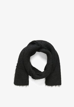 Fekete sál texturált anyagból, puha, bolyhos felülettel és téglalap alakú kivitelben. Szélei enyhén minimalizáltak.