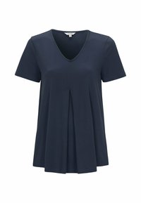 Marineblauw T-shirt met korte mouwen en een V-hals, voorzien van een centrale plooidetail. Gemaakt van zachte stof, met een relaxte pasvorm en een gladde textuur.