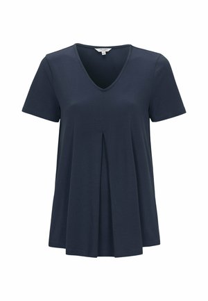 Navy blue short-sleeve t-shirt with a V-neck and a center pleat detail. Made of soft fabric, featuring a relaxed fit and smooth texture.