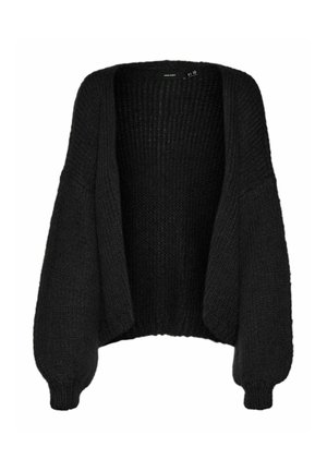 Sort strikket cardigan med løs pasform, åben front, mønstret tekstur og lange, brede ærmer. Ribstrikkede detaljer ved manchetter og kant.