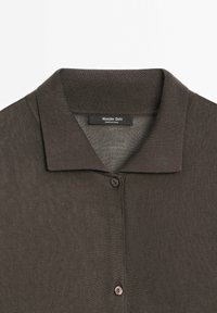 Dark brown knit polo shirt with a flat collar, featuring a button placket and textured fabric. Label reads "Massimo Dutti."