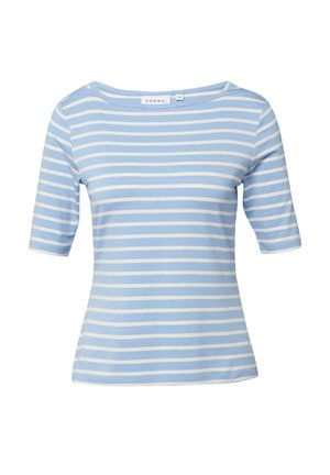 Light blue and white horizontal striped short-sleeve top with boat neckline and fitted silhouette, size label visible inside collar.