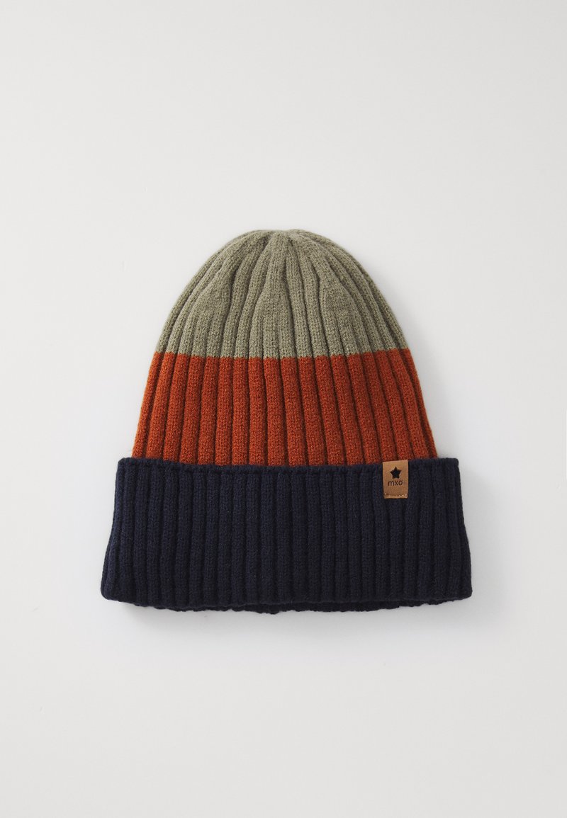 Ribbed knit beanie with three color blocks: olive green top, rust orange middle, and navy blue cuff with small brown tag.