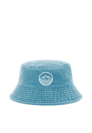 Light blue bucket hat with stitched brim and a white circular logo showing mountains above wavy lines on the front.