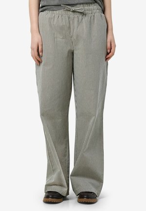 Striped wide-leg pants in soft fabric, featuring an elastic waistband with a drawstring, and relaxed fit. Colors include light green and white stripes.
