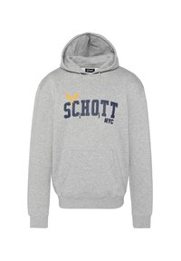 Felpa grigia in misto cotone, con tasca a marsupio, cordoncini e testo blu navy "SCHOTT NYC" con un design di un'aquila gialla sopra.