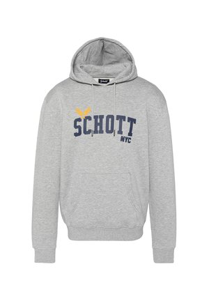 Grauer Hoodie aus Baumwollmischung, mit einer Kängurutasche, Zugbändern und blauem Text "SCHOTT NYC" mit einem gelben Adlerdesign darüber.