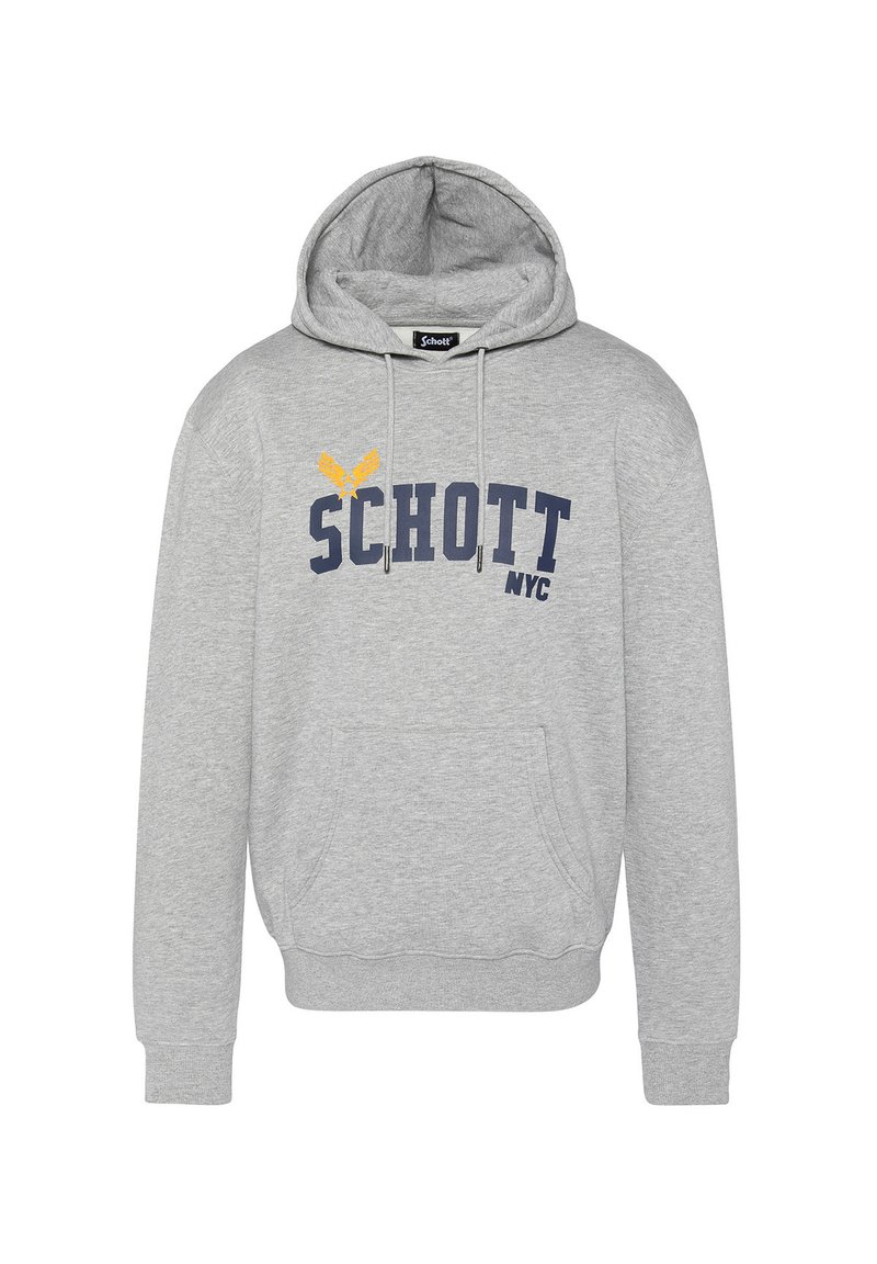 Felpa grigia in misto cotone, con tasca a marsupio, cordoncini e testo blu navy "SCHOTT NYC" con un design di un'aquila gialla sopra.