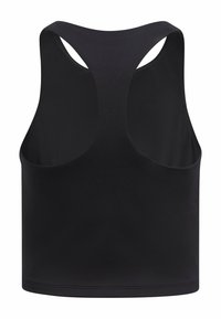 Svart, ärmlös crop top med en rundad ryggdesign, slät tygkvalitet och en skräddarsydd passform. Inga särskilda mönster eller detaljer.