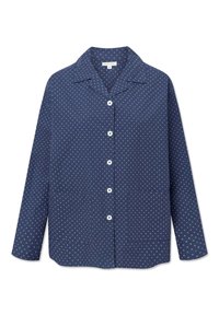 Marineblaues Hemd mit durchgehender Knopfleiste, verziert mit kleinen weißen Punkten, klassischem Kragen und langen Ärmeln. Mit Klappentaschen auf der Vorderseite.