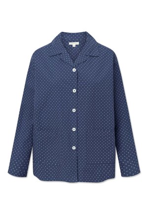 Marineblauwe overhemd met een knoopsluiting aan de voorkant, voorzien van kleine witte stippen, een klassieke kraag en lange mouwen. Pattenzakken aan de voorkant.