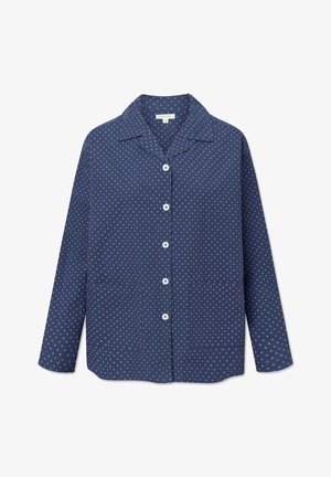 Marineblauwe overhemd met een knoopsluiting aan de voorkant, voorzien van kleine witte stippen, een klassieke kraag en lange mouwen. Pattenzakken aan de voorkant.