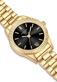 Zelta metāla pulkstenis ar melnu seju, kas piedāvā teksturētu ciparnīcu, zeltainus stundu rādītājus un reliņotu apmali; savienotā zelta josla ar pulētu apdari.