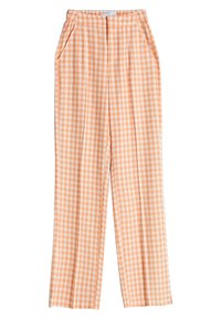 Orange och vit rutig byxor i gingham-mönster med lös passform, sidfickor och platt midjeband för komfort.