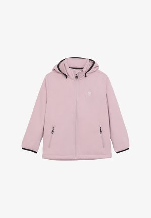 Jasnoróżowa kurtka typu softshell z kapturem, zapinana na zamek, z dwiema bocznymi kieszeniami, czarnymi akcentami na kapturze i mankietach oraz logo na klatce piersiowej.