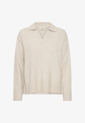 Beige knit sweater with a v-neck and collared design. Features ribbed cuffs and hem, soft texture, and a relaxed fit.