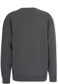 Mörkgrå sweatshirt, mjuk bomullsblandning, långa ärmar, ribbade muddar och nederkant, rund hals, enfärgad design utan synliga mönster eller logotyper.