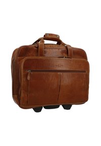 Brown leather briefcase with two top handles, two front pockets, and black wheels. The surface features a textured finish and stitching details.