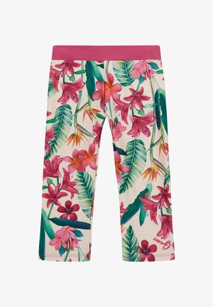 Leggings con motivo floreale, cintura rosa, caratterizzati da foglie tropicali e fiori rosa su uno sfondo crema. Realizzati in tessuto elasticizzato.
