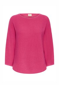 Fukszia kötött pulóver kerek nyakkivágással, háromnegyedes ujjakkal és texturált mintával; puha, középsúlyú anyag, enyhén bő szabás.